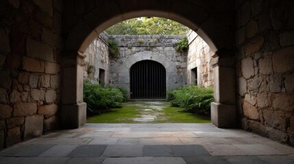 Obraz premium Archway in a stone wall with a black gate in the center. the archway is made of stone and is supported by two columns on either side.