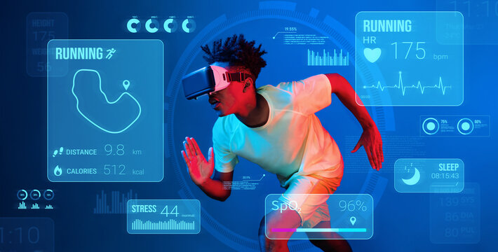 African man jogging or using augmented reality goggle and artificial intelligence practicing and training. Male model with shirt doing running posture and looking at hologram. Technology. Ingenuity.
