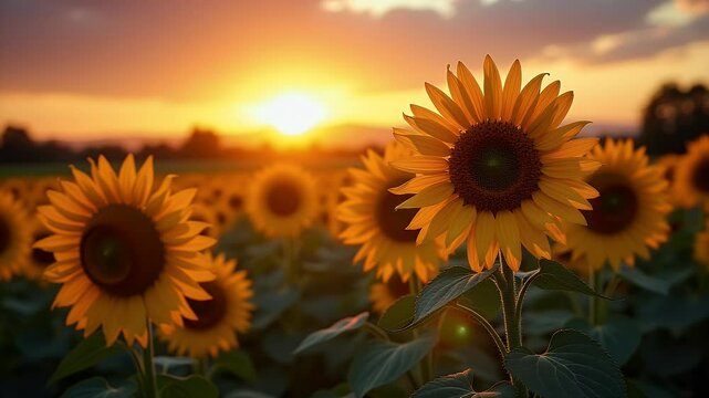 Vibrant Sunset Sky Over a Field of Sunflowers Located Near a Wooded Area