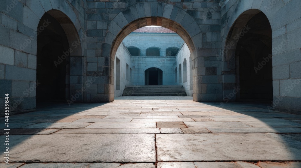 Poster empty courtyard with a stone archway in the center. the archway is made of stone and has three arche
