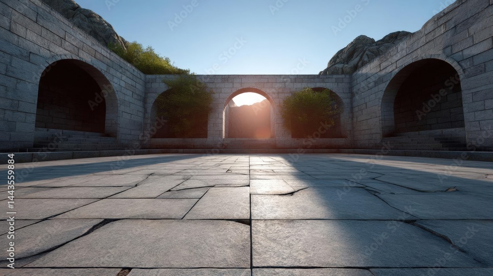 Poster empty stone courtyard with three arched windows. the courtyard is made up of large, rectangular tile