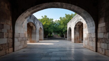 Long, arched stone pathway with a clear blue sky in the background. the pathway is made up of multiple stone arches, each with a unique design and shape.