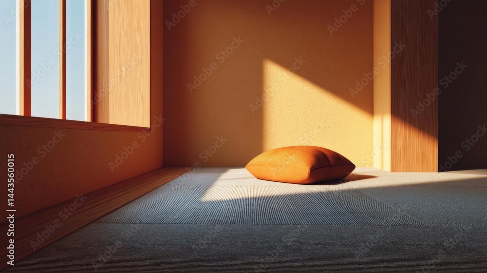 Poster empty room with a large window on the left side. the walls are painted in a warm orange color and th