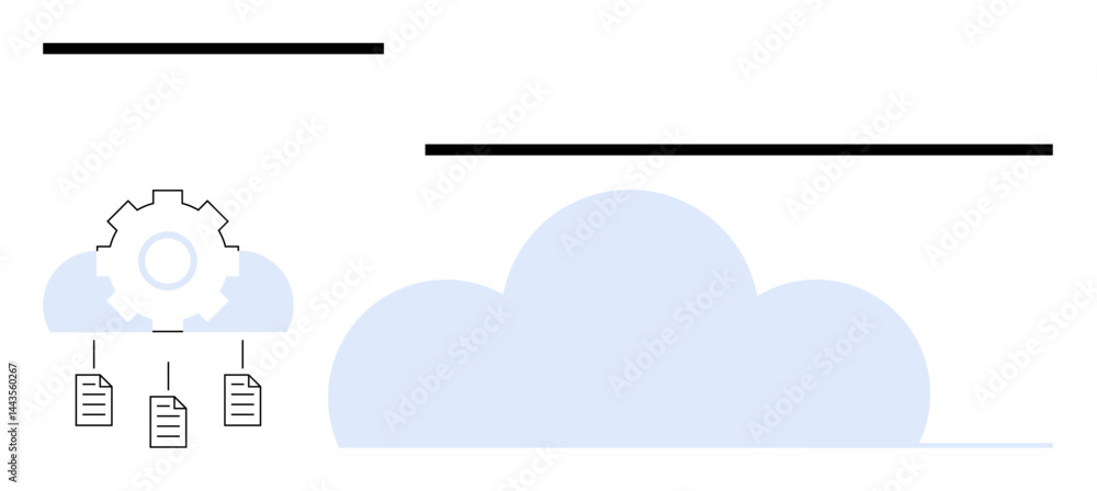 Poster cloud and gear icon represent automation, connected to files symbolizing data storage and sharing. i