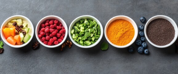 Naklejka premium Assorted food bowls vibrant ingredients healthy eating horizontal arrangement