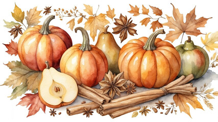 Watercolor Autumn Composition with Pumpkins, Pears and Cinnamon