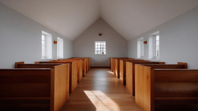 Empty church with wooden pews arranged in rows facing the front of the room. the pews are made of wood and are arranged in a neat and orderly manner.