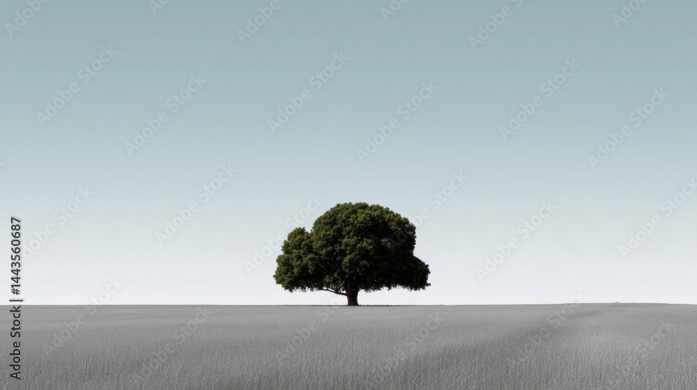 Poster single tree standing alone in the middle of a vast, empty field. the sky is a pale blue color and th