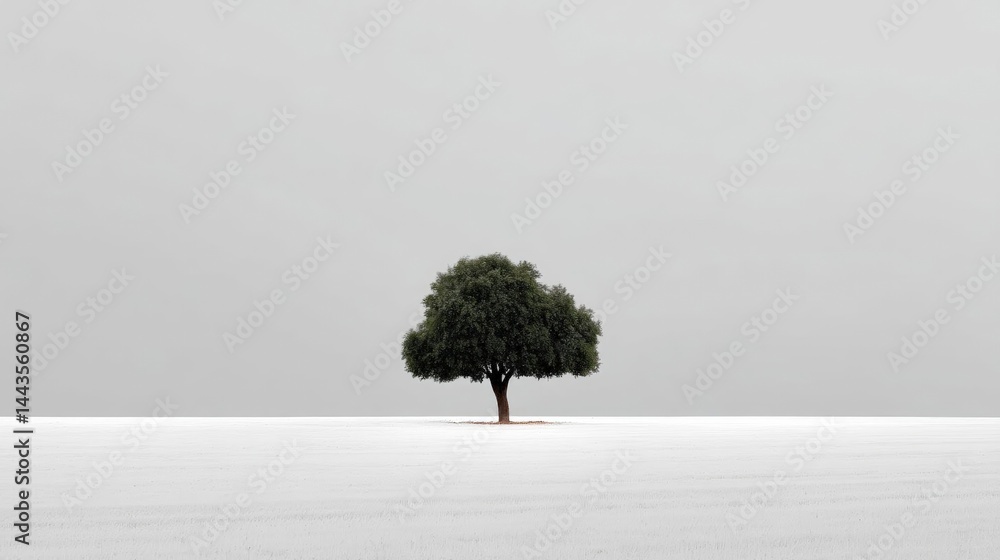 Poster single tree standing alone in the middle of a vast, empty field. the sky is overcast and the ground 