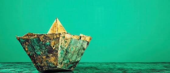 Realistic Paper Textured Newspaper Boat Against a Vibrant Green Background Showcasing Creativity and Craftsmanship