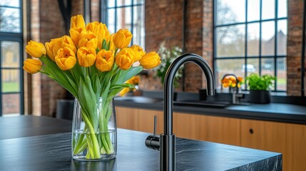 Modern kitchen with vibrant yellow tulips