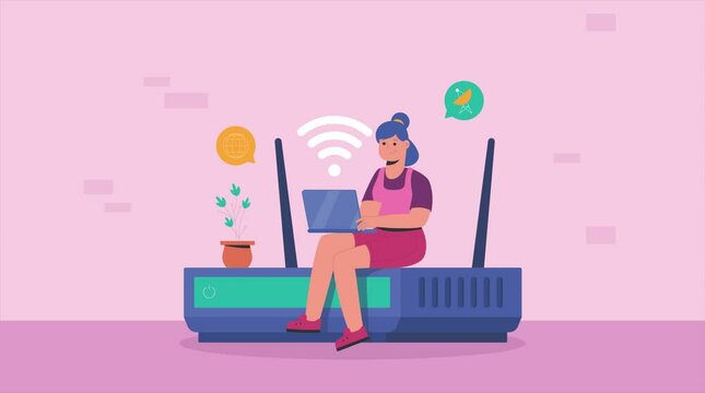 Animated Woman on Router with Laptop and WiFi Signal | Digital Network Scene