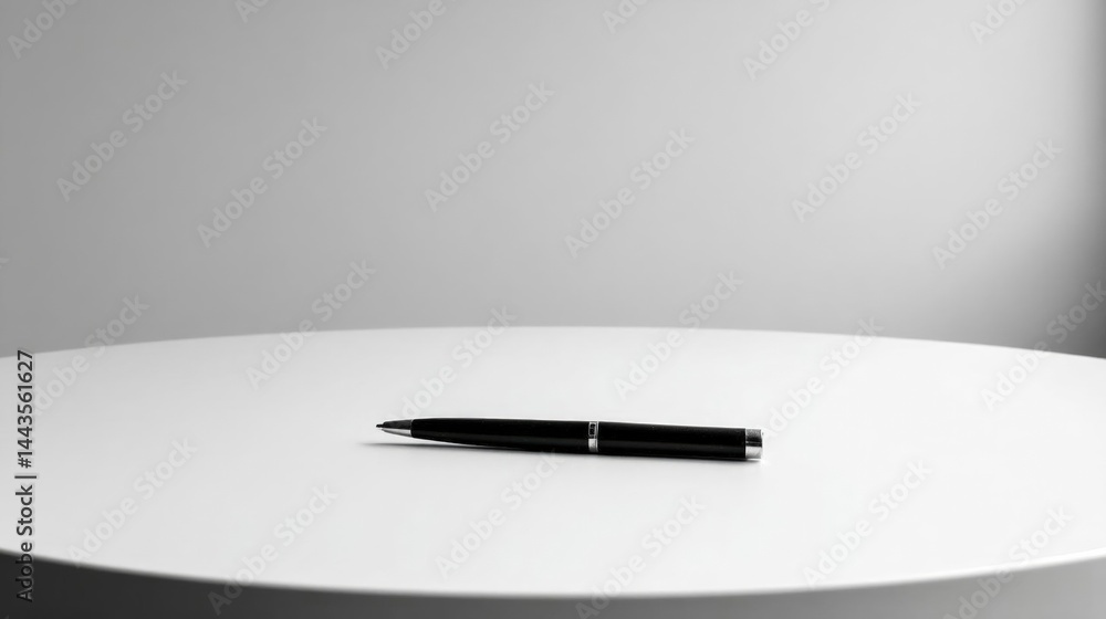 Poster black and white photograph of a pen lying on a white surface. the pen is in the center of the image 