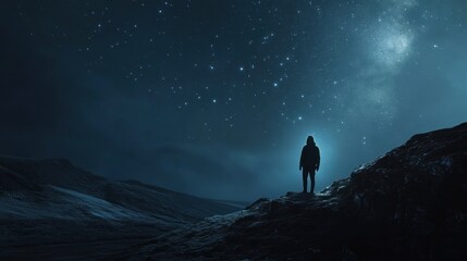 Fototapeta premium A lone figure stands under a starry night sky, exploring the vastness and beauty of the universe in silence and awe.