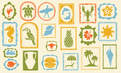 Summer beach tropical travel stamp, vector hand drawn ocean surf print set, coastal postage design. Exotic flowers fruit silhouette, vintage Hawaii island tourism symbol. Travel stamp retro graphic 