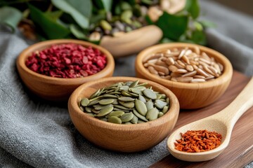 Obraz premium Assorted seeds in wooden bowls food photography for healthy eating and product presentation