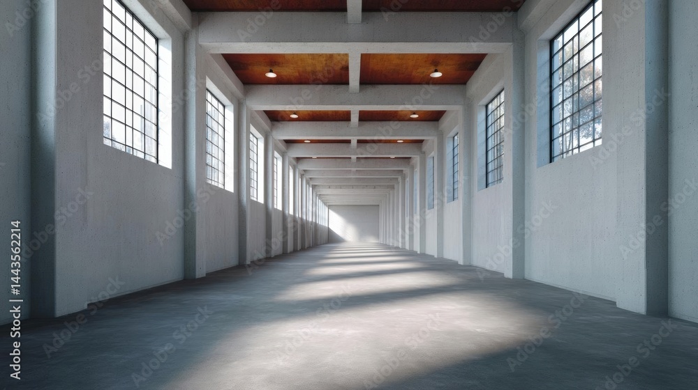 Poster empty room with high ceilings and large windows on both sides. the room has a concrete floor and wal