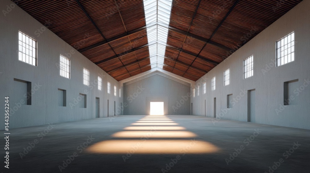 Aufkleber empty room with a high ceiling and a skylight. the room has a concrete floor and walls with large wi