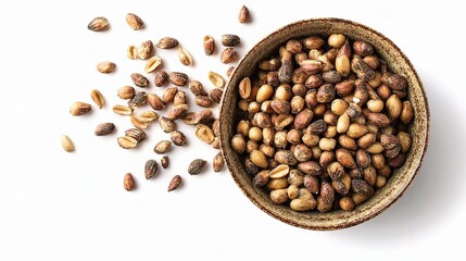 Fototapeta premium Diverse Selection of Seeds in Rustic Bowl on White Background