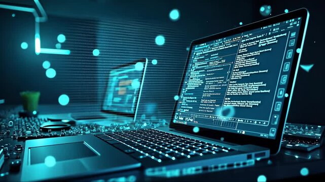 Computer screen with a blue background and a keyboard. The keyboard is on a laptop. The laptop is open and the screen is lit up
