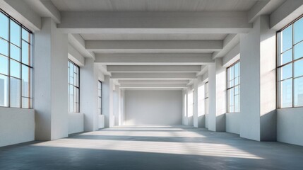 Fototapeta premium Empty room with large windows on both sides of the room. the room has a high ceiling with exposed beams and large windows that let in natural light.