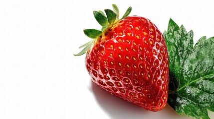 Fresh Red Strawberry with Green Leaves on White Background