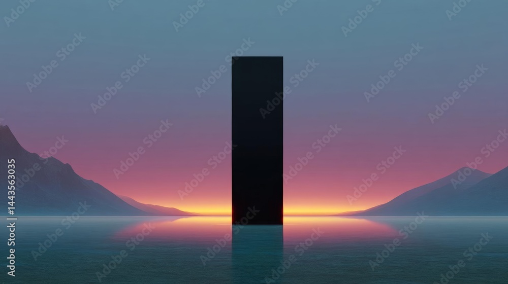 Poster digital art piece that appears to be a photograph of a tall, rectangular structure in the middle of 