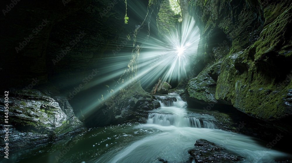 Poster majestic waterfall cascading within a dark cave illuminated by ethereal light rays creating a serene