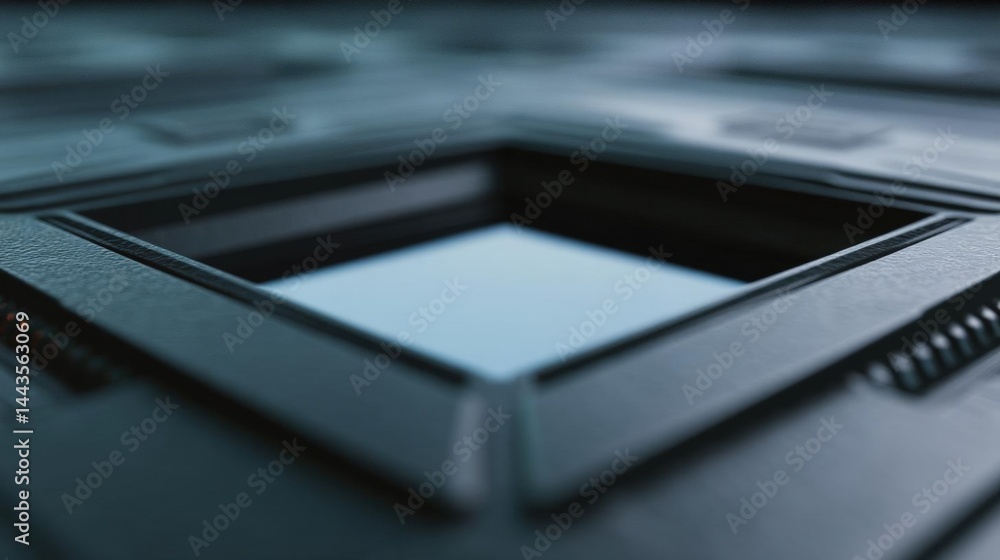 Poster close-up of a black electronic device with a rectangular shape in the center. the device appears to 