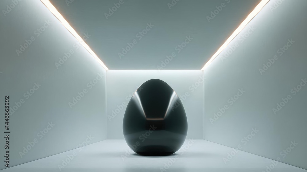 Poster empty room with a black sphere in the center. the sphere is spherical in shape and appears to be mad