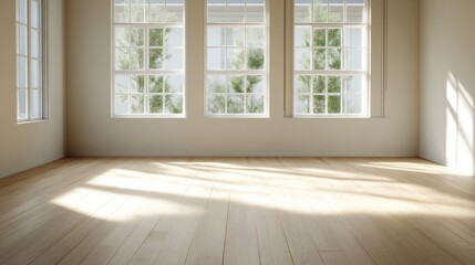 Obraz premium Empty room with large windows, sunlight on light-colored wooden floor