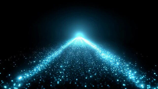 Glowing path of blue particles leading toward a distant bright source in a dark, abstract space conveying movement, direction, and future concept.
