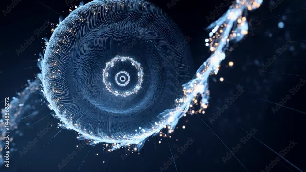 Poster abstract digital art featuring a translucent spiral form with luminous particles on a dark blue back
