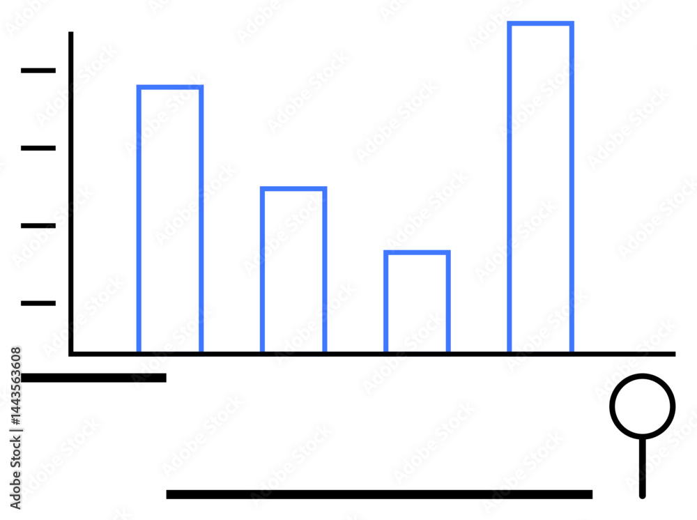 Aufkleber vertical bar chart with four bars in varying heights, magnifying glass symbolizing data analysis and