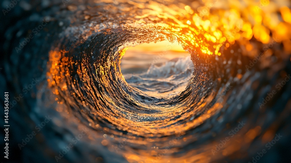 Poster powerful ocean wave surging forward with sparkling water droplets under bright sunlight creating a d