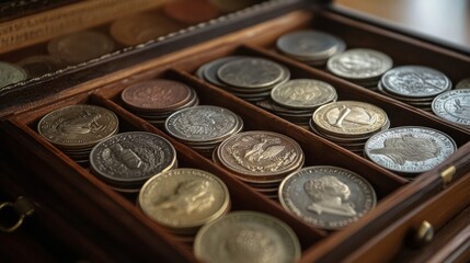 Wooden Box Filled With Stacks Of Various Coins
