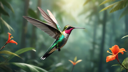 Fototapeta premium Hummingbird flying in the jungle. Wildlife scene from tropical forest. Hummingbird flying in the jungle.