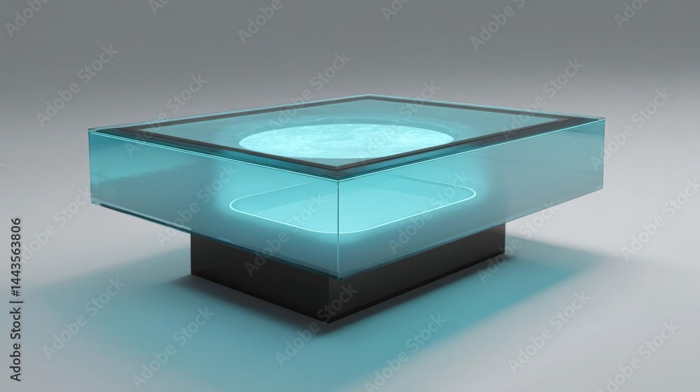 Poster 3d rendering of a modern coffee table with a square glass top and a black base.