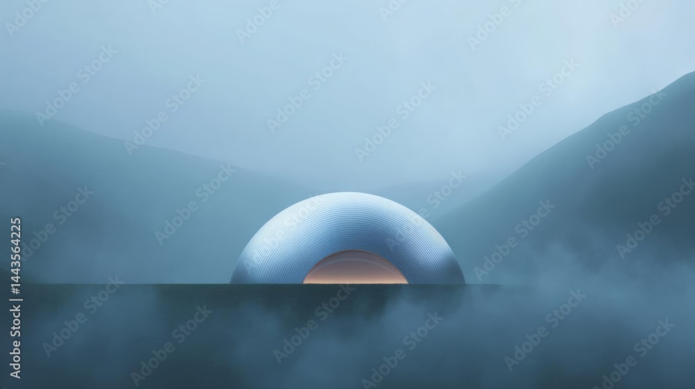 Poster digital illustration of a futuristic landscape with a large dome-shaped structure in the center. the