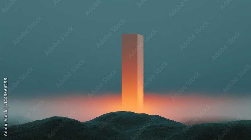 Poster digital illustration of a tall, rectangular object standing on top of a mountain. the object appears