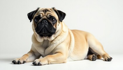 Obraz premium Solo pug, attentively posed on seamless white, ears, headshot, animal