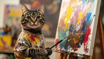 Fototapeta premium Tabby cat dressed in colorful smock painting on a canvas in creative indoor art studio