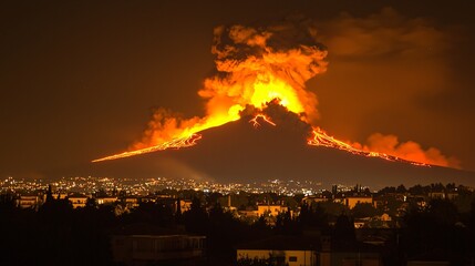 Striking volcano erupting into the night sky surrounded by a dazzling neon glow illuminating the landscape in a natural spectacle