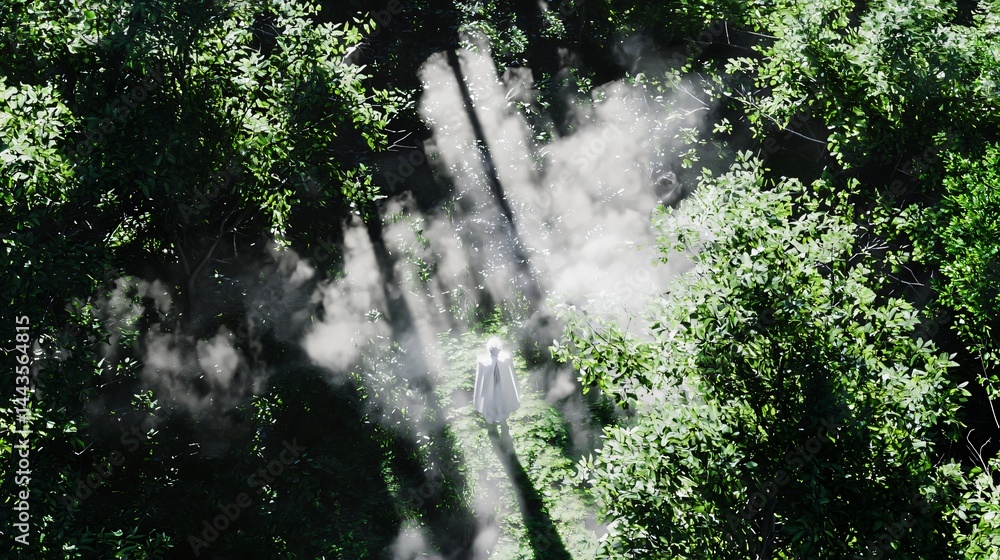 Poster mystical forest scene with smoke rising from trees captured in abstract art with randomized depth an