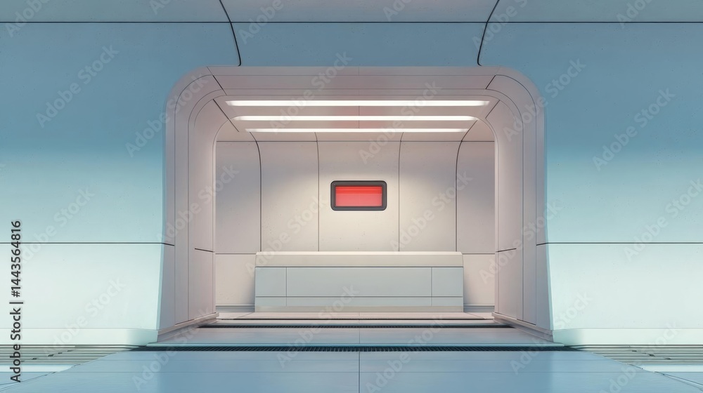 Poster empty room with a futuristic design. the room has a white wall with a curved archway in the center. 