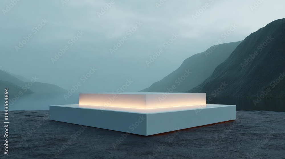 Aufkleber white rectangular platform on a rocky surface with a beautiful landscape in the background. the plat