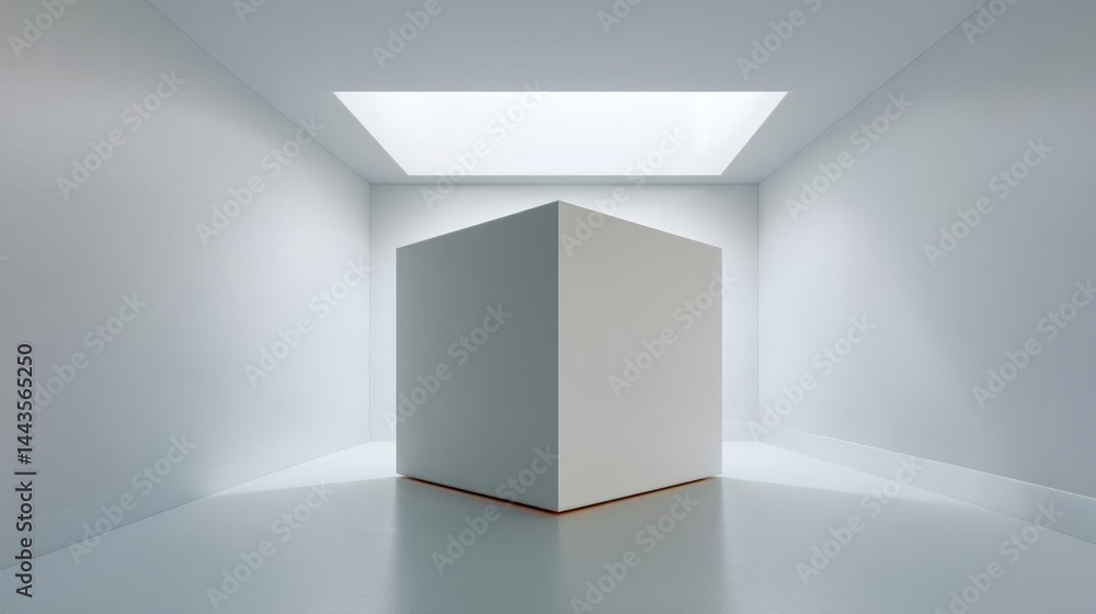 Poster empty room with a white ceiling and a skylight above it. the room has a minimalist design with a squ