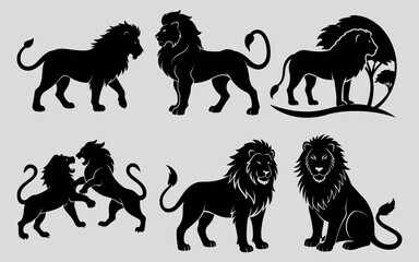 Set of lion vector illustration silhouette on white background bundle of 6 lion
