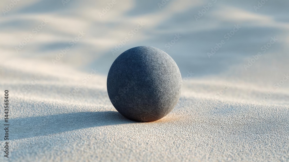 Poster single black sphere lying on a sandy surface. the sphere appears to be made of a smooth, shiny mater