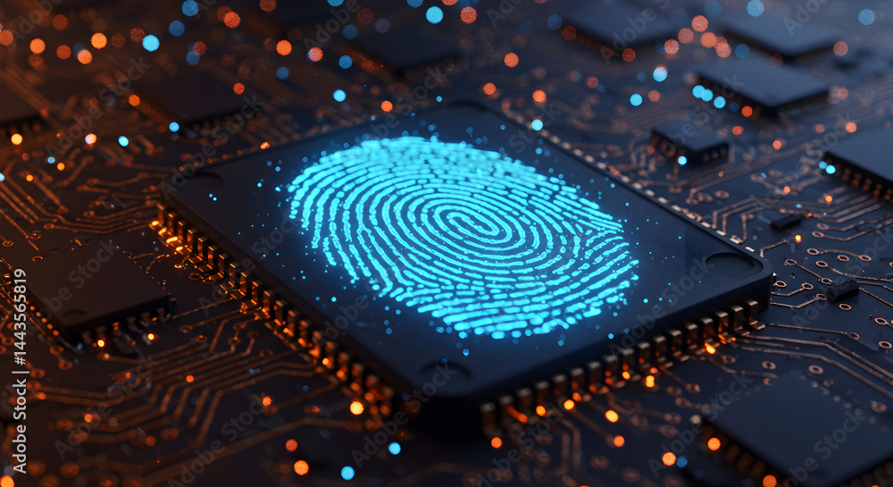Poster electronic circuit board with a glowing blue fingerprint for security and biometric access system